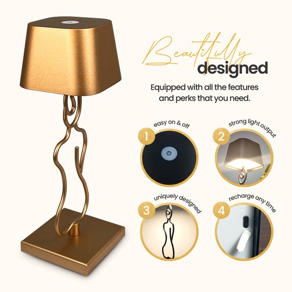 Battery Operated Table Lamp - Beautiful Rechargeable Gold Desk Lamp - Touch Dim - Picture 6 of 7